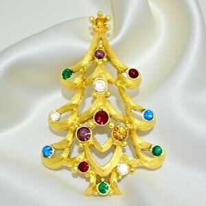 Vintage Monet Gold-Tone Christmas Tree Brooch With Multicolor Rhinestones